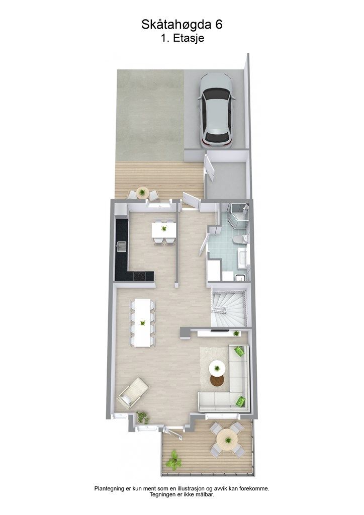 3 D plantegning hovedetasjen.