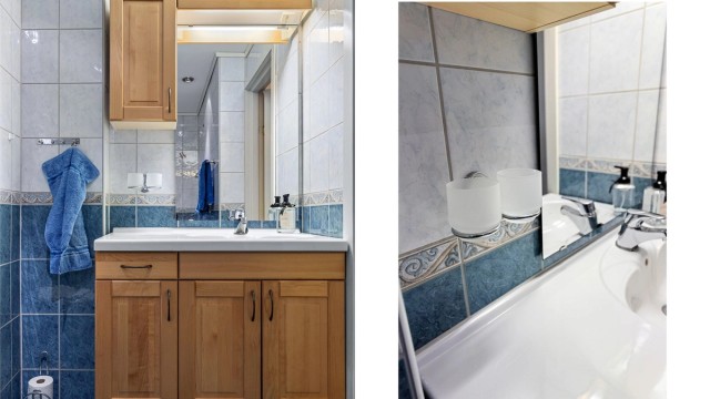 Rommet er flislagt og har elektrisk gulvvarme.