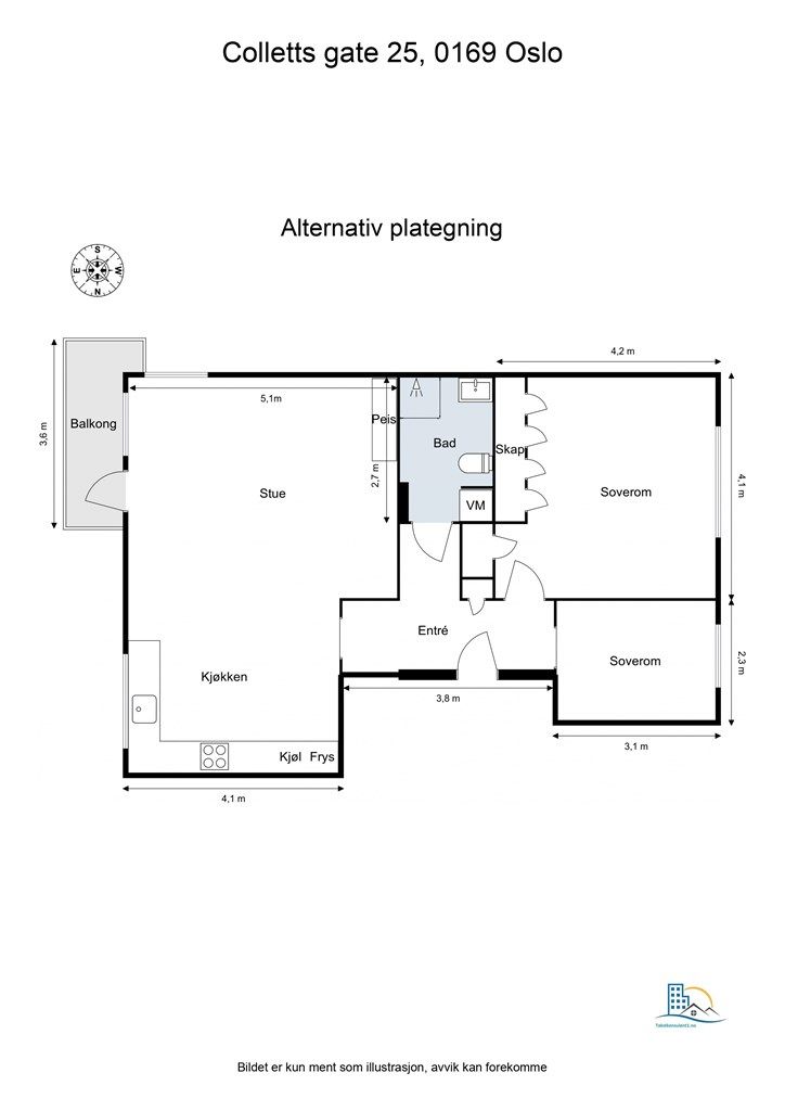 Alternativ plantegning hvor kjøkkenet er flyttet inn i stuen