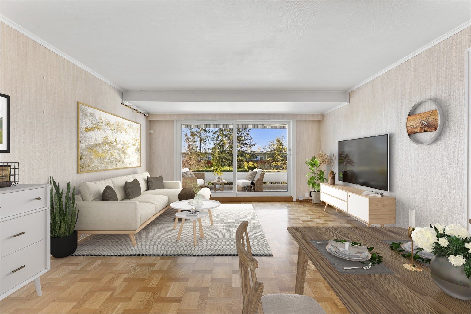 Stue med gode møbleringsmuligheter. Digitalt stylet bilde