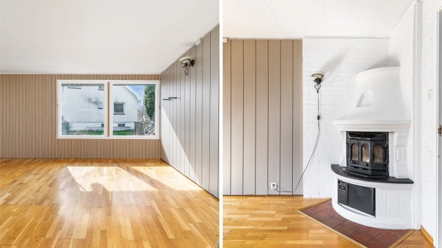Stuens peis er opprinnelig en kombinert parafin- og vedovn, men kan nå benyttes kun til vedfyring.