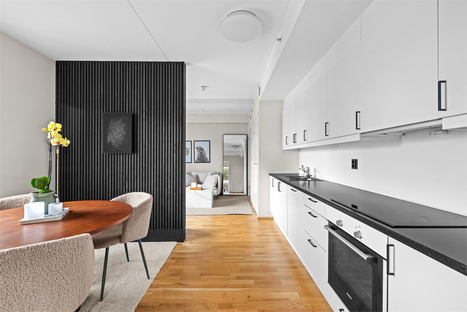 Lekker skillevegg er satt opp for å dele av stue- og kjøkkensone.