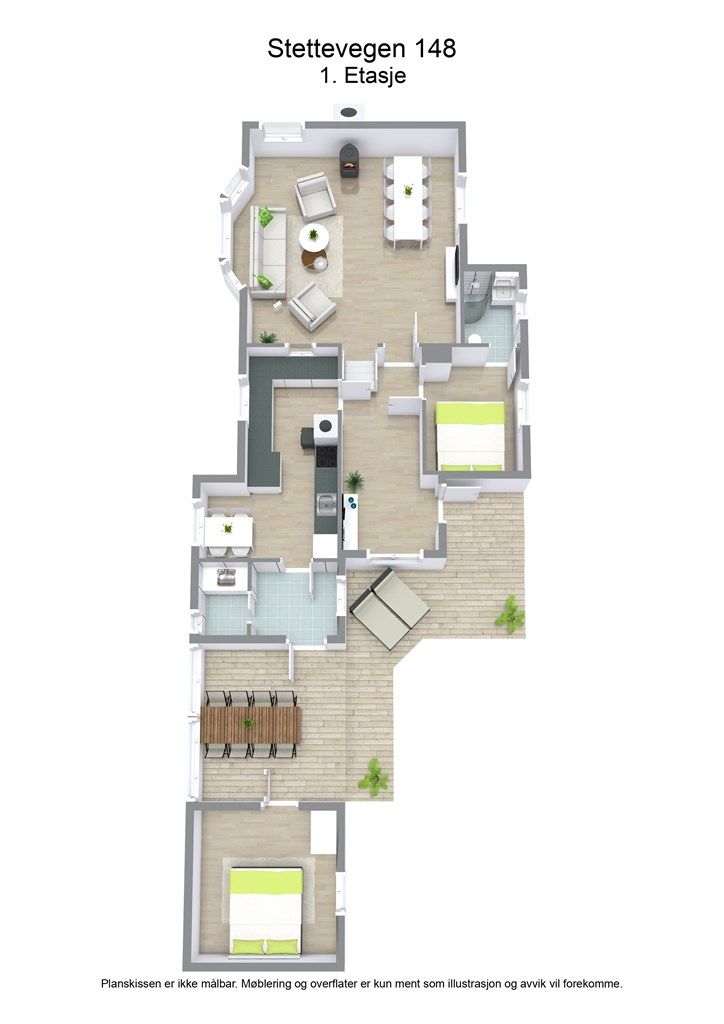 3 D plantegning i 1. etasje fritidsbolig