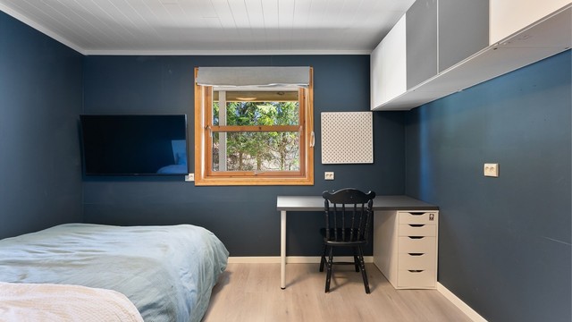 Soverom med plass til både seng og en liten arbeidsplass.