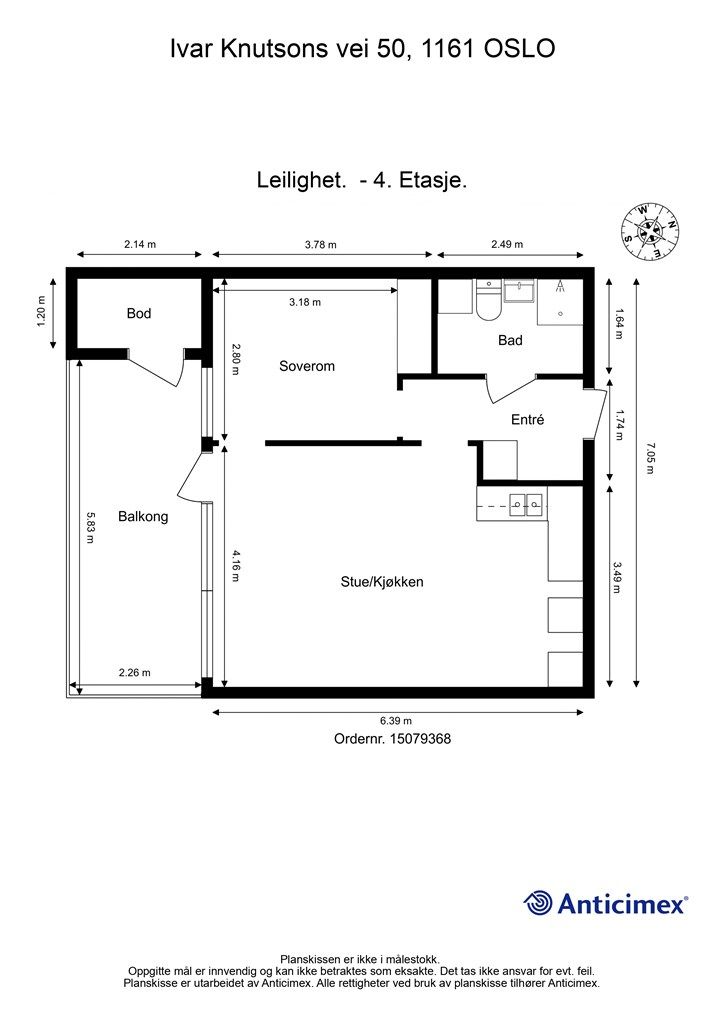 Leiligheten har et areal på 45 m² og en arealeffektiv planløsning med entré, bad, soverom og stue med åpent kjøkken.