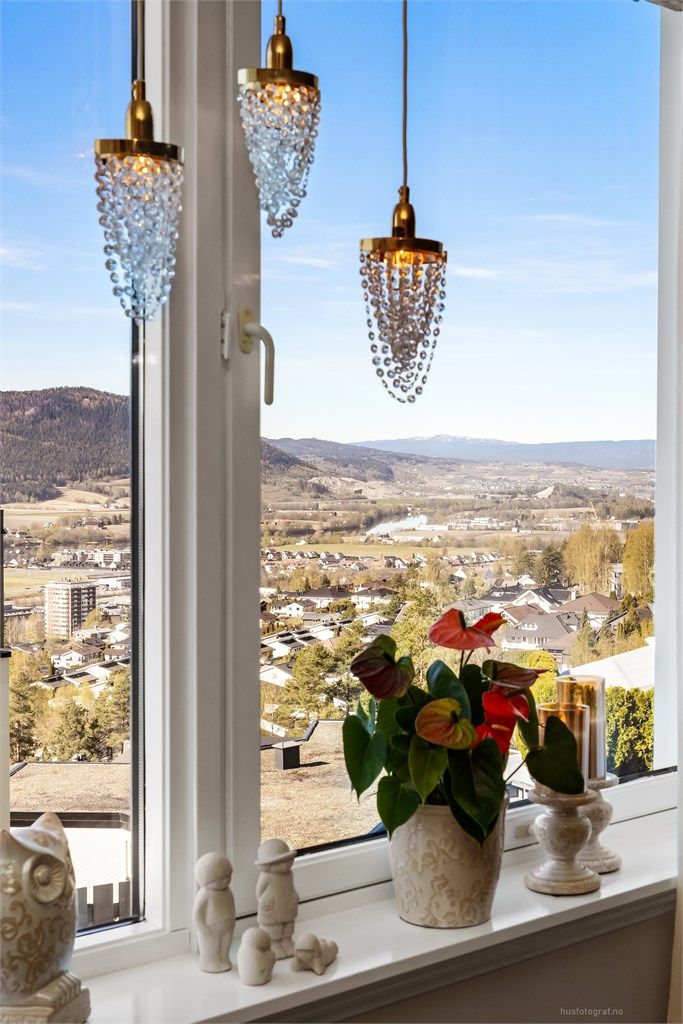 Fra leilighetens vinduer er det en flott utsikt over Drammensdalen og Eikerbygdene.