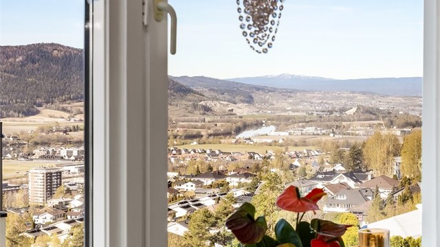 Fra leilighetens vinduer er det en flott utsikt over Drammensdalen og Eikerbygdene.