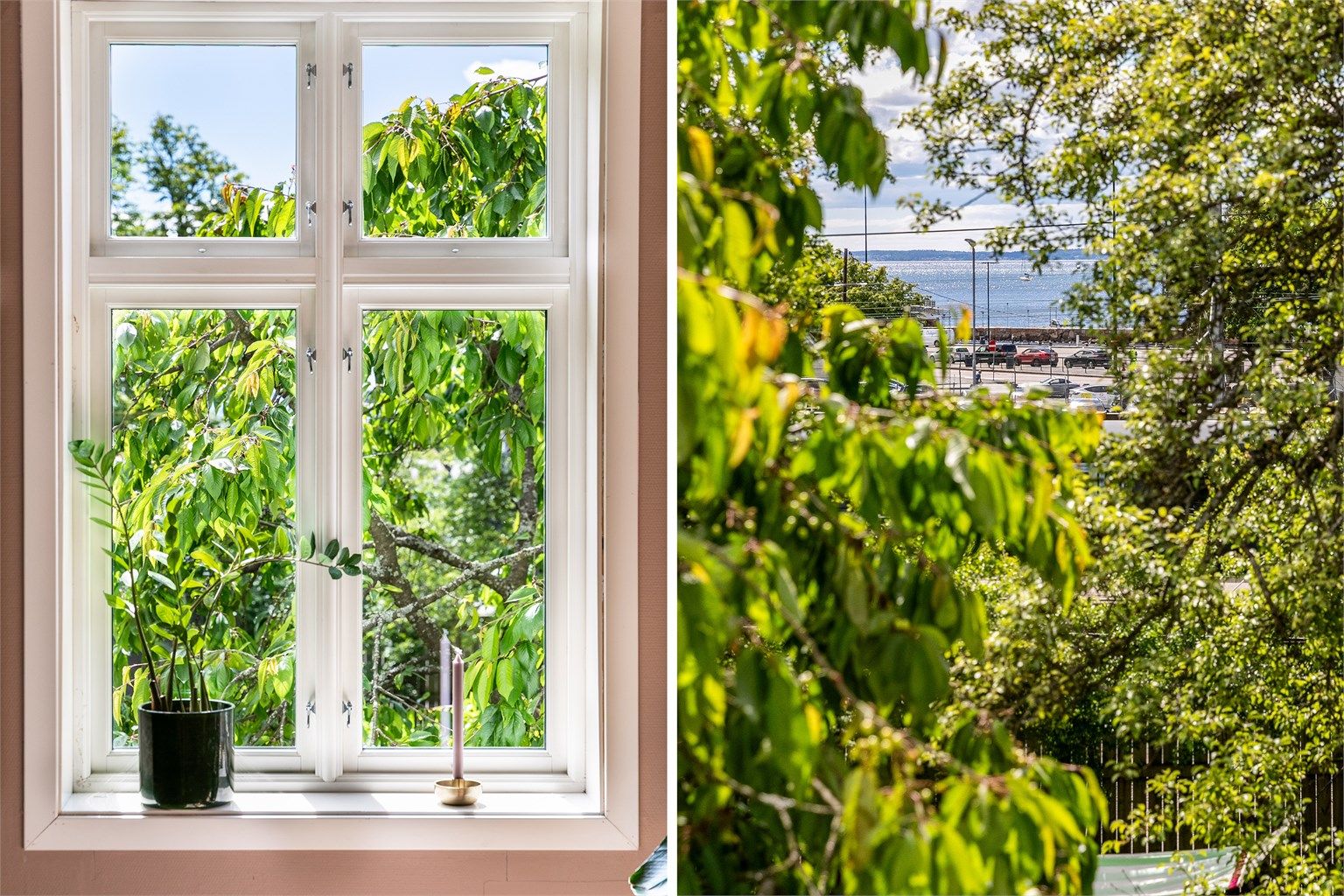 Gjennom stuens mange atmosfærefremmende krysspostvinduer sees et fint utsyn til egen hage, samt gløtt av fjorden.