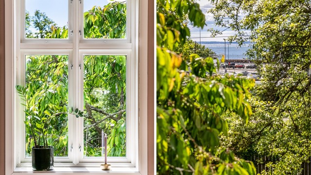 Gjennom stuens mange atmosfærefremmende krysspostvinduer sees et fint utsyn til egen hage, samt gløtt av fjorden.