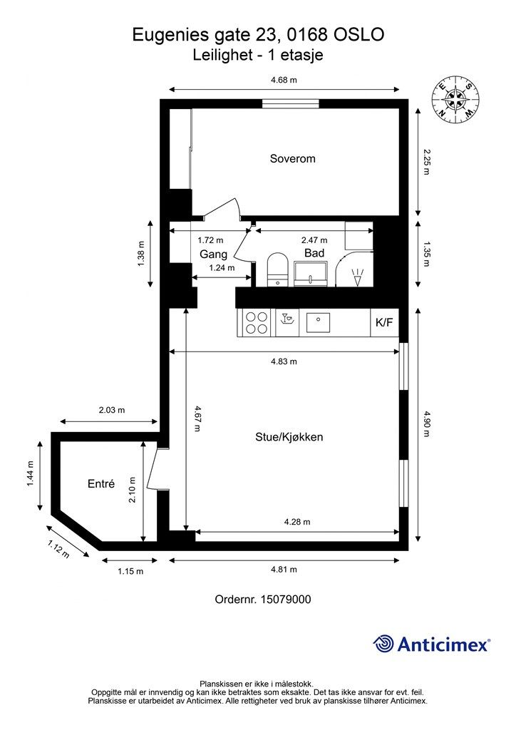 Leiligheten har en arealeffektiv planløsning på 48 m² som omfatter entré, bad, soverom og stue med åpen kjøkkenløsning.
