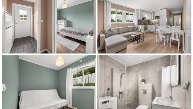 Leiligheten er på 45 m² og inneholder entré, åpen stue/kjøkkenløsning, to soverom av god størrelse og moderne bad. Store vindusflater gir leiligheten godt med naturlig lys.