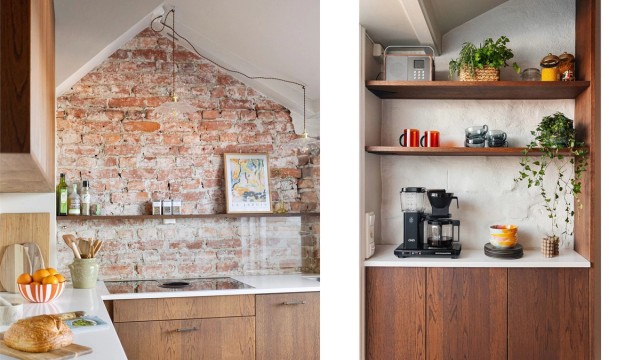 Den moderne innredningen harmonerer sømløst med boligens særegne karakter