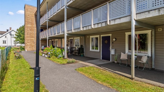 Fellesarealene er pent opparbeidet med asfalterte gangveier og plen.