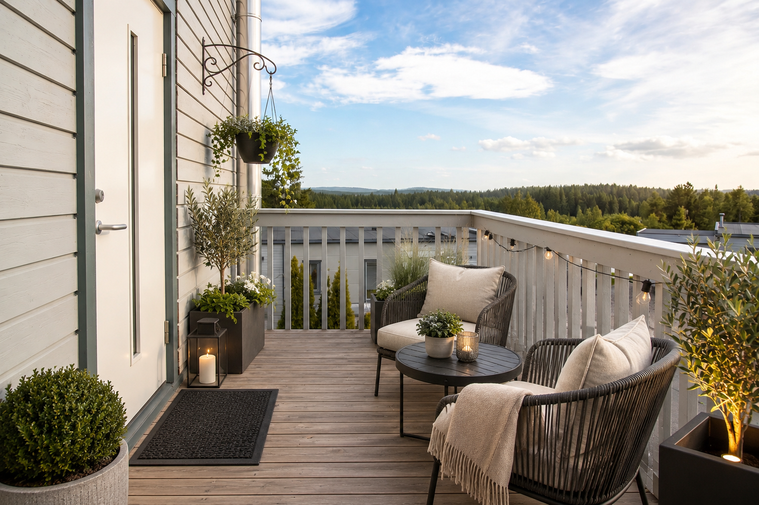 Hyggelig inngangsparti som kan benyttes som uteplass (Ai-redigert møblering).