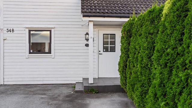 Overbygget inngangsparti med flislagt trapp ved inngangsdøren.