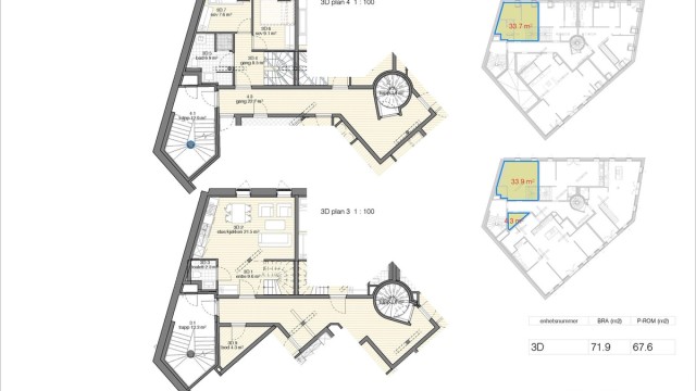 Leiligheten har en arealeffektiv planløsning over to etasjer, med en sosial sone i første plan og en privat soveavdeling på loftet.