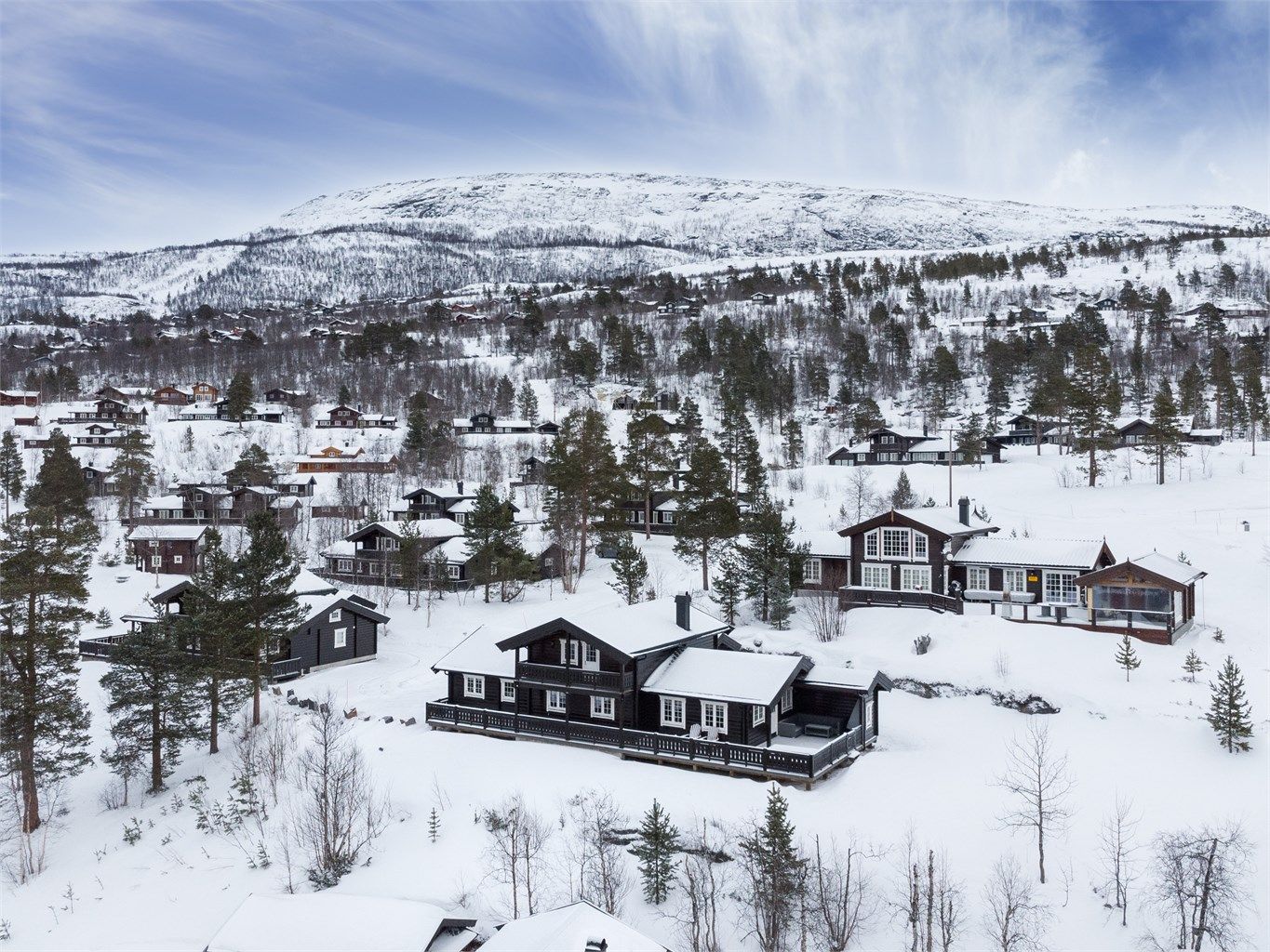Dronebilde over hytten og nærområdet