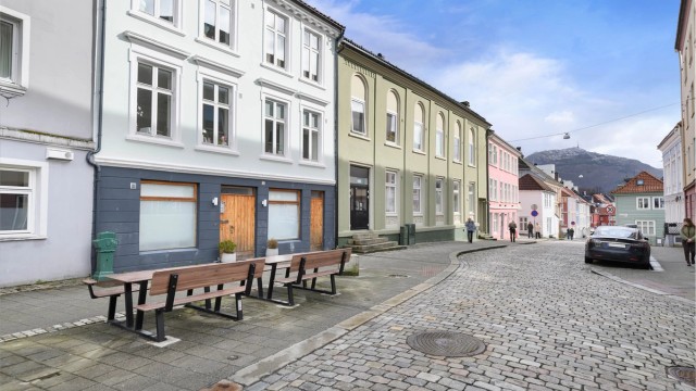 Koselig gate med brostein og benker.