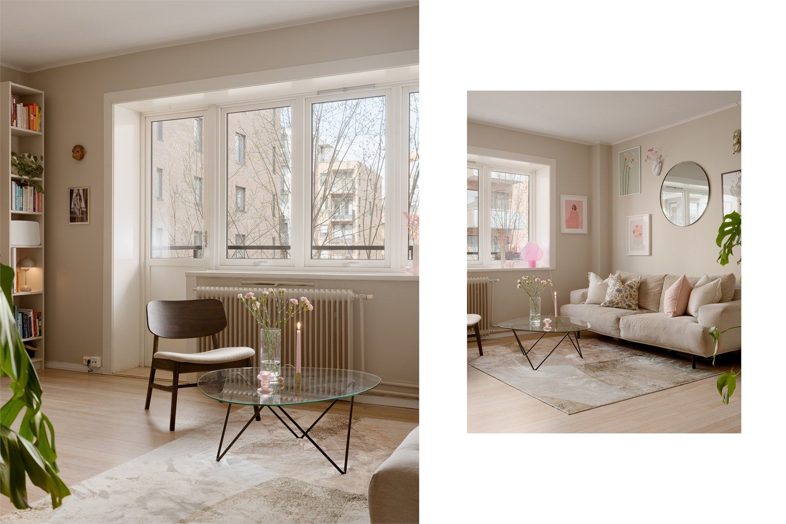 De store vindusflatene, i kombinasjon med en raus takhøyde gir stuen en herlig følelse.