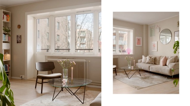 De store vindusflatene, i kombinasjon med en raus takhøyde gir stuen en herlig følelse.