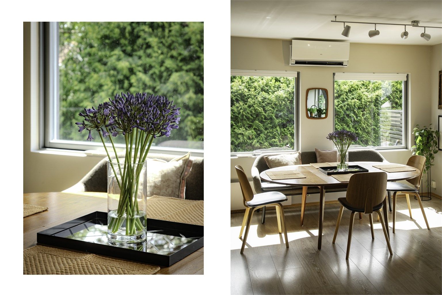 Store vindusflater gir godt med lys til spiseplassen.