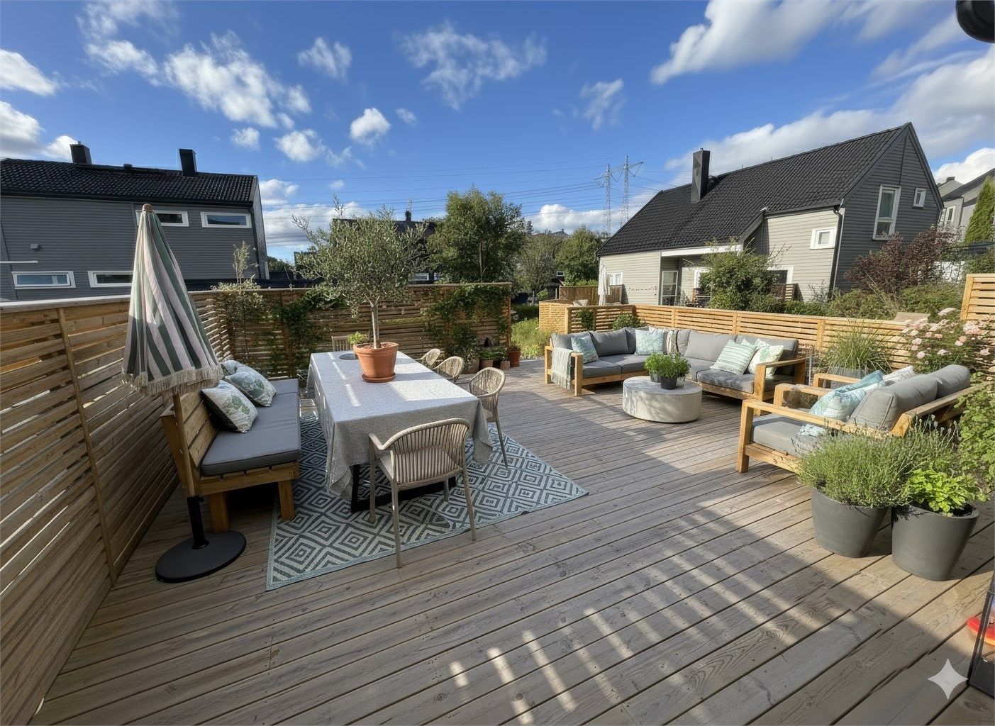 Den sørvendte terrassen har gode solforhold og rikelig med plass