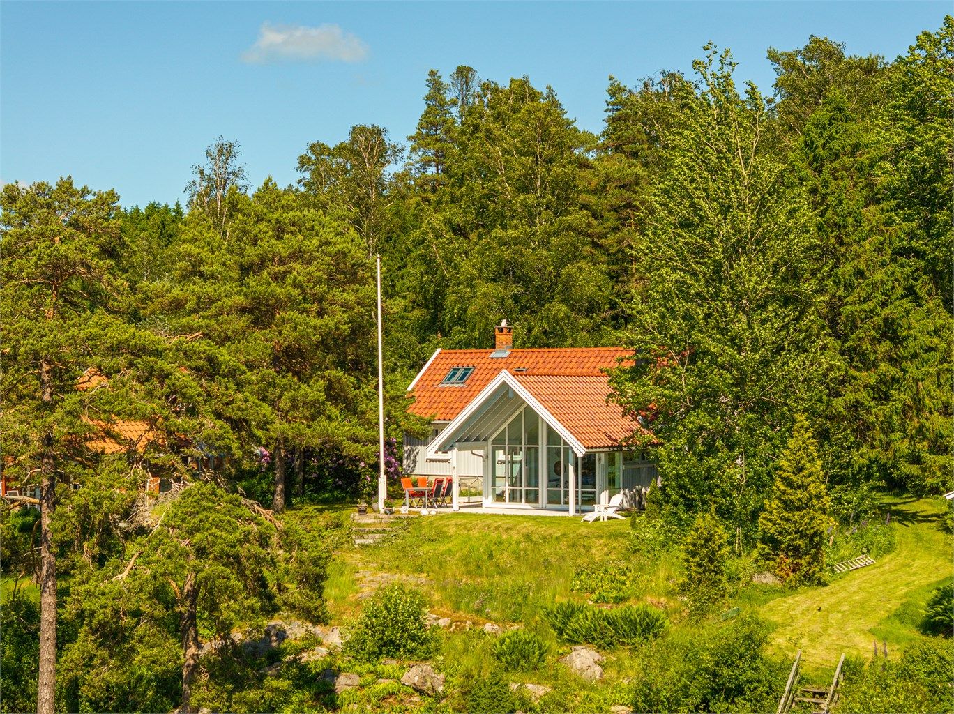 Hytta er oppført i det høyere terrenget ovenfor kilen, opprinnelig fra 1880 og modernisert tidlig på 2000-tallet.