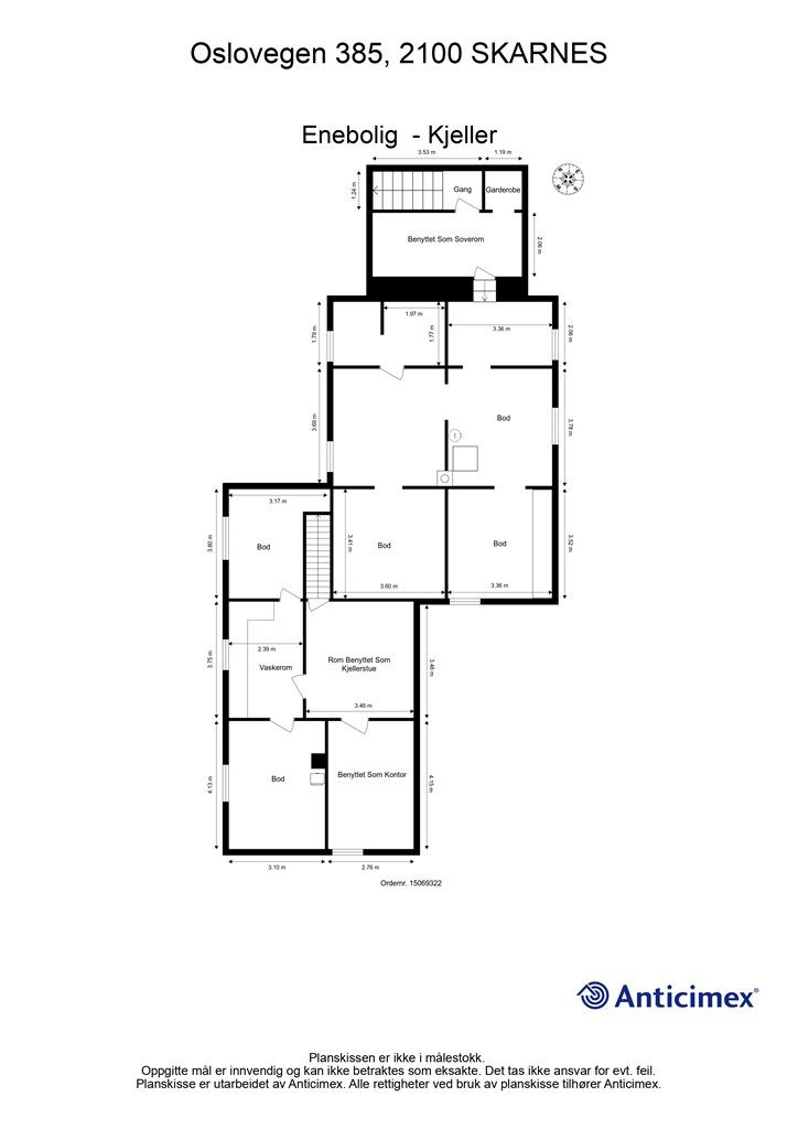Plantegning underetasje. Det foreligger ikke byggetegninger for underetasjen likt som loftetasjen. 