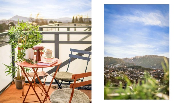 På balkongen kan solen nytes fra morgen til langt på ettermiddag sommerstid.