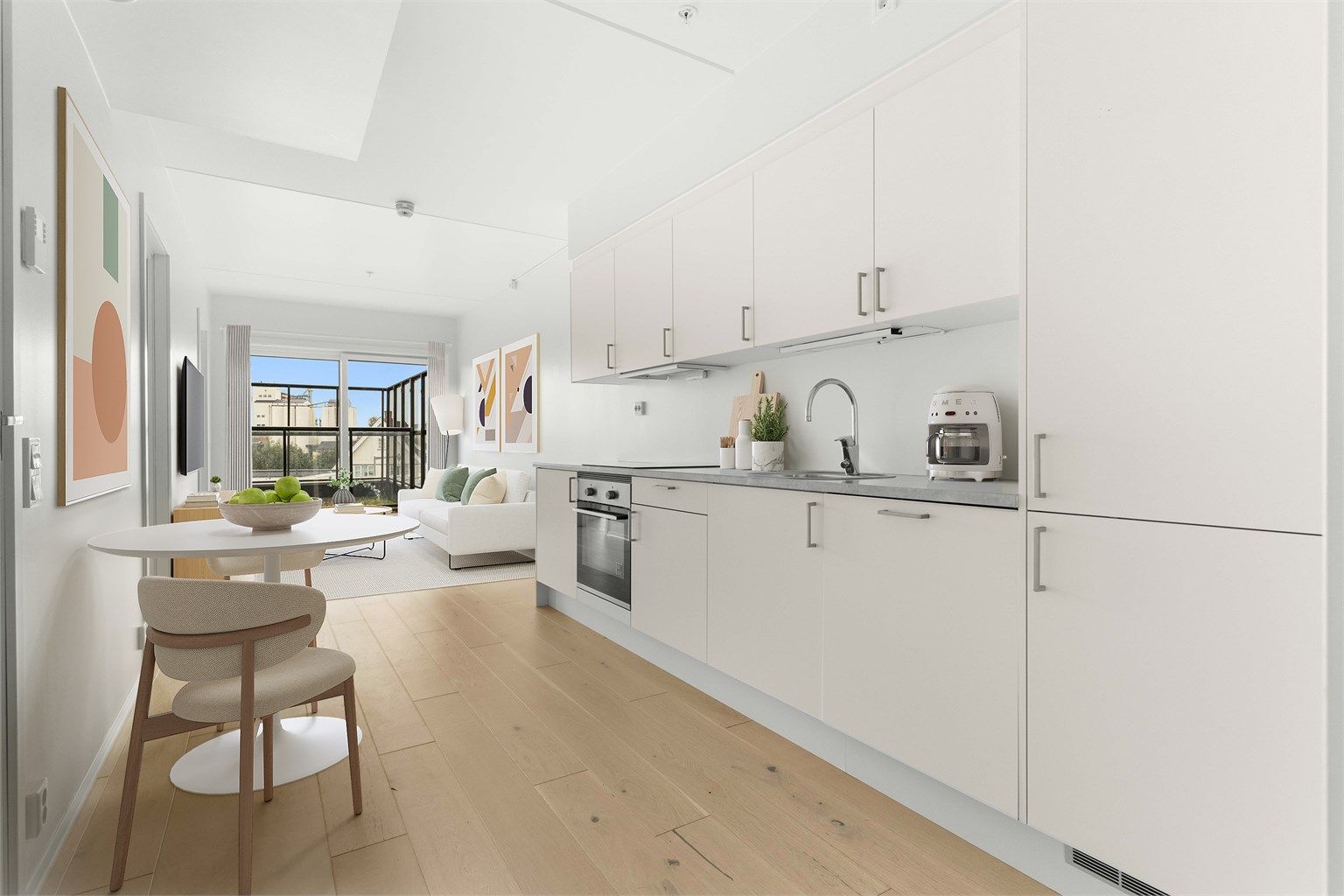 Lyst og moderne oppholdsrom med åpen kjøkkenløsning. Bildet er digitalt stylet for å vise mulighetene.