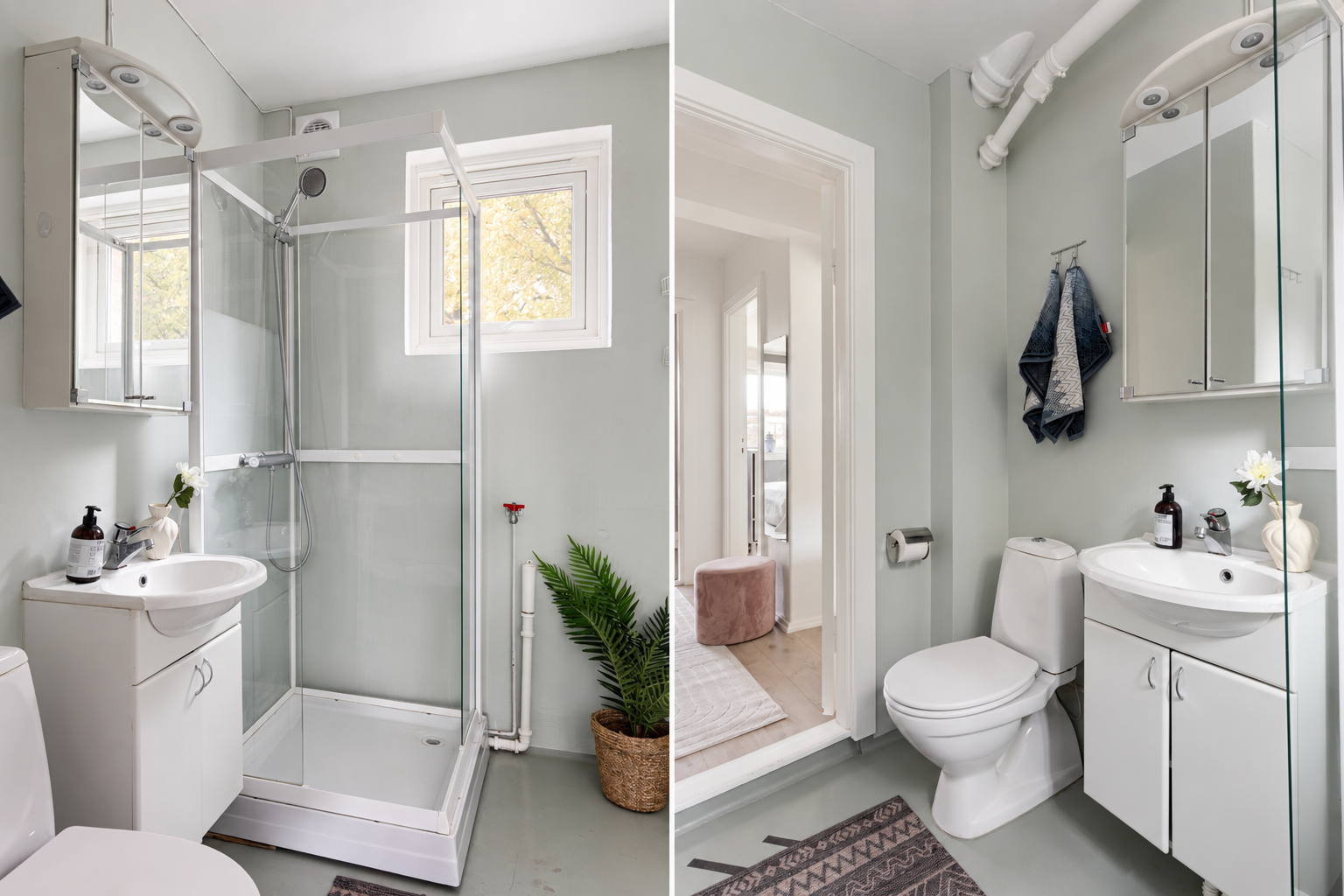 Badet er utstyrt med dusjkabinett, servant med underskap, speilskap med belysning og gulvstående toalett