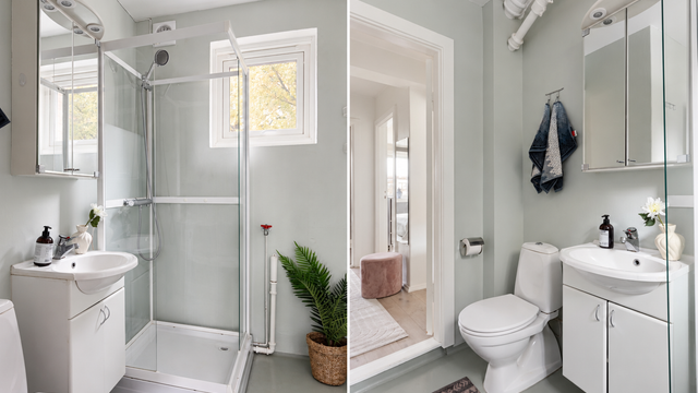 Badet er utstyrt med dusjkabinett, servant med underskap, speilskap med belysning og gulvstående toalett