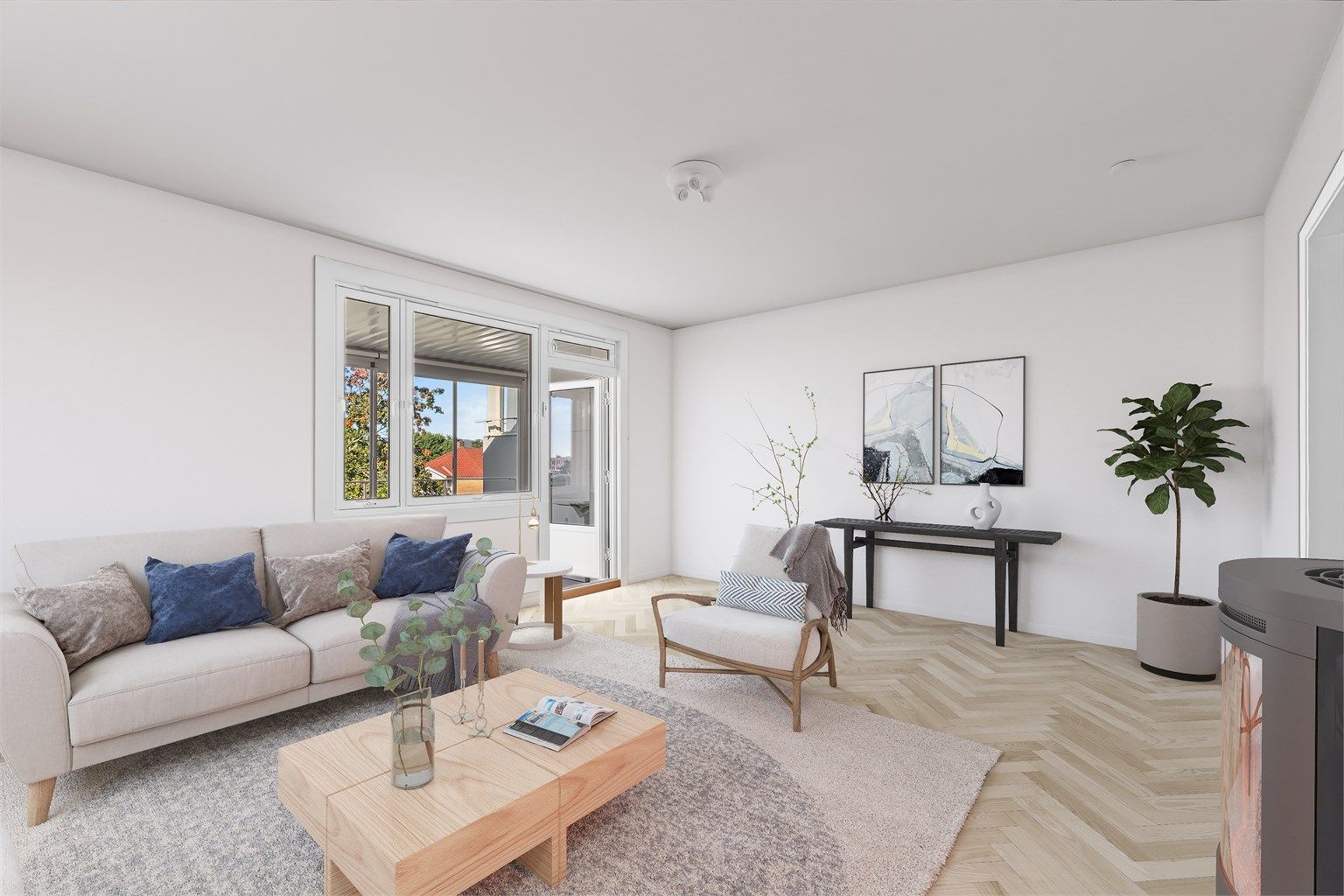 Virtuell renovert og stylet stue til inspirasjon