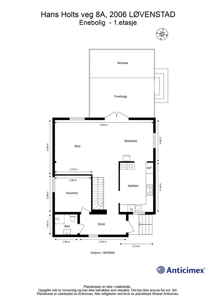 Plantegning for 1. etasje, som utgjør hoveddelens primære oppholdsareal på 72 m².