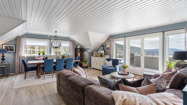 Den kombinerte stuen og spisestuen har god plass til flere soner. Fra stuen er det direkte utgang til terrassen gjennom doble dører.