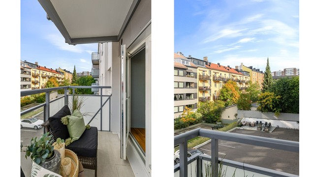 Balkongen vender mot sameiets bakgård.