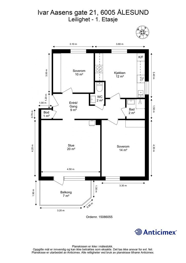 Leiligheten har et bruksareal (BRA-i) på 74 m² og inneholder stue, kjøkken, to soverom, bad og separat toalettrom. I tillegg disponerer leiligheten tre boder: to boder i kjeller på henholdsvis 6 m² og 3 m², samt en loftsbod på 9 m².