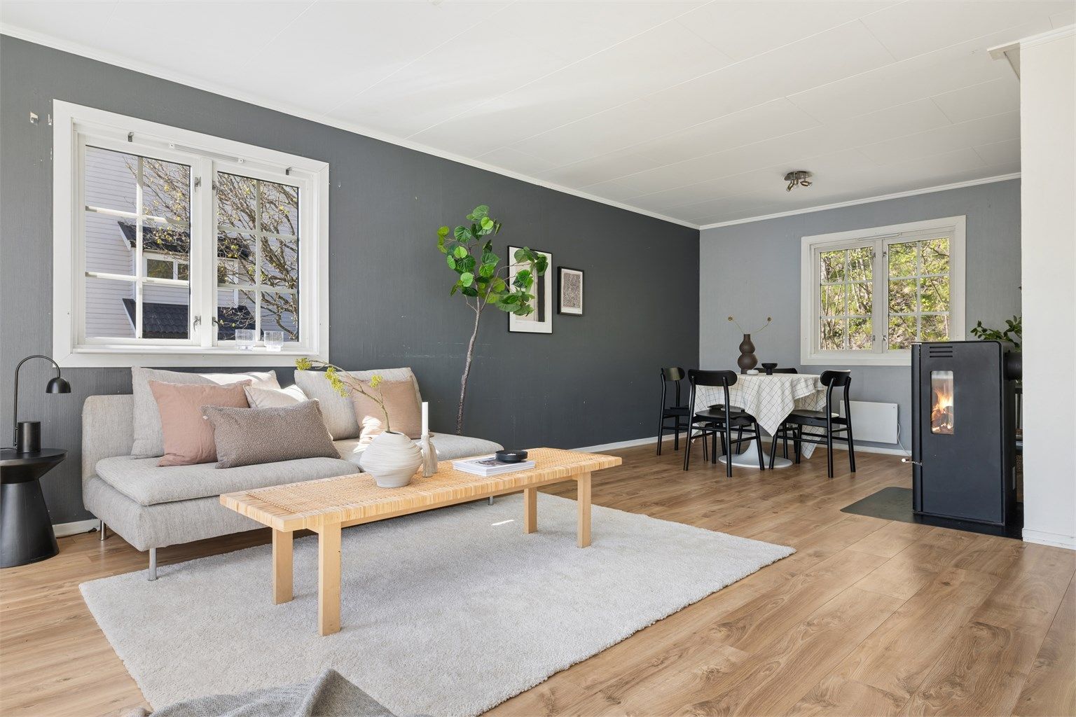 Rommet er lyst og luftig, med plass til både sofagruppe og spisebord.