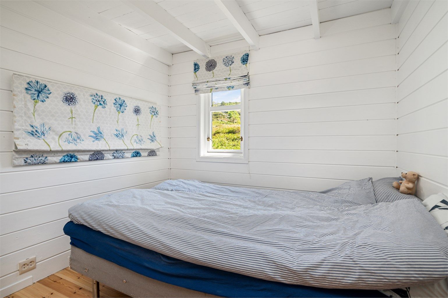 Et av tre soverom på 6,6 kvm med god plass til seng av ønsket størrelse, nattbord og oppbevaring.