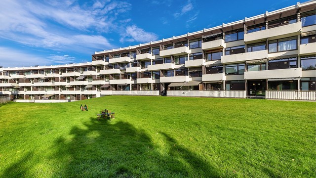 Borettslagets fasade mot store, opparbeidede felles plener.
