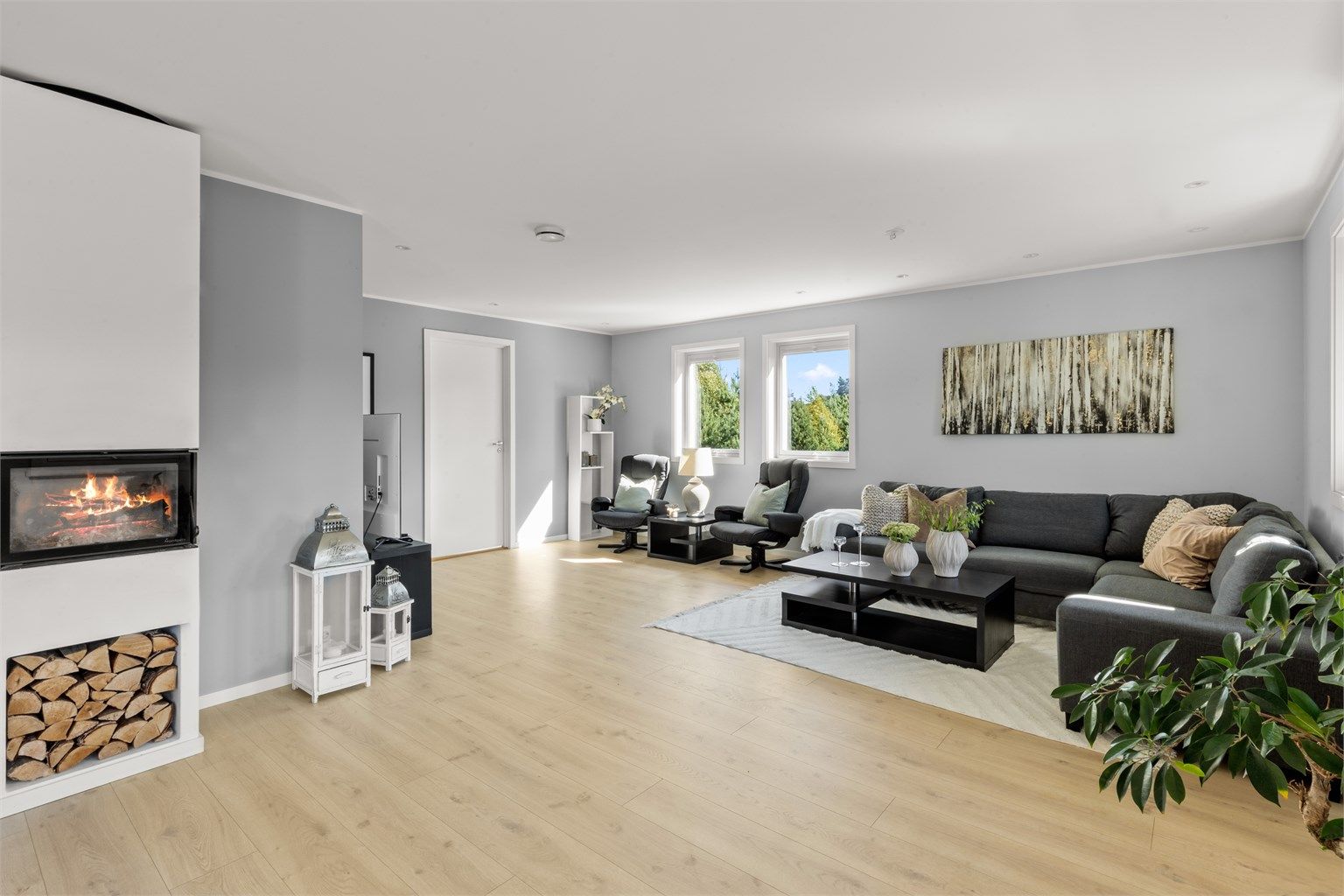 Lekker peis i stuen og gode møbleringsmuligheter 