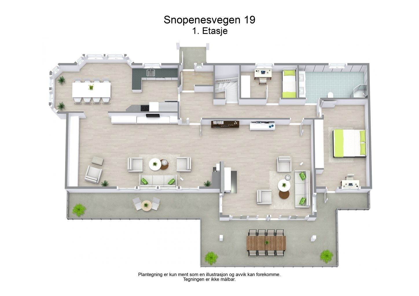 Første etasje har en sosial planløsning med stue og kjøkken, to soverom og bad.