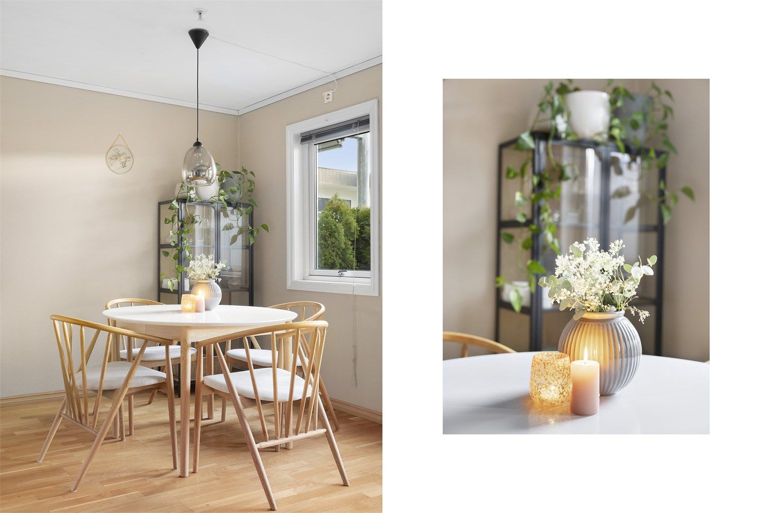 For spisegruppen er plassert i tilknytning til kjøkkenet! Denne delen av rommet har og plass til vitrineskap, slik som det er innredet med i dag