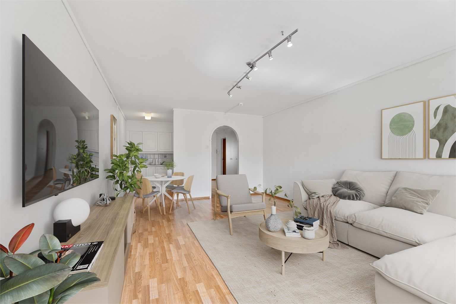 Svært romslig gjennomgående leilighet med stor stue med god plass til sofagruppe og spisebord