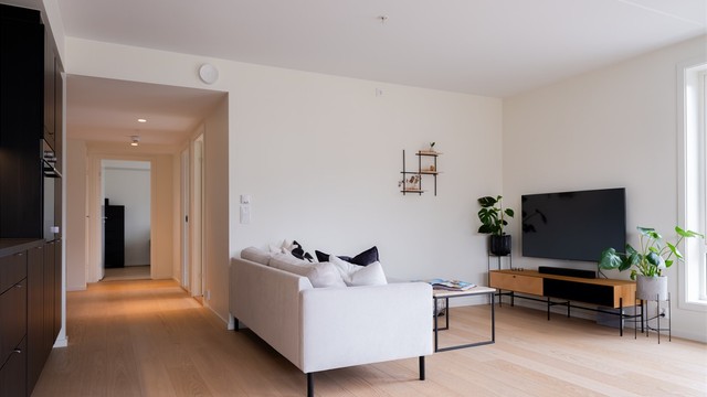 Her er det god plass til en sofagruppe med tilhørende møblement.