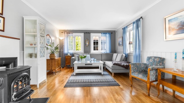 Separat stueavdeling med egen peisovn og plass for stor sofagruppe.