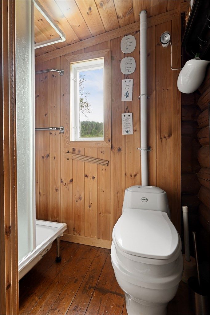 Badet er utstyrt med et praktisk gyrotoalett og dusjkabinett med vanntank og fotpumpe.