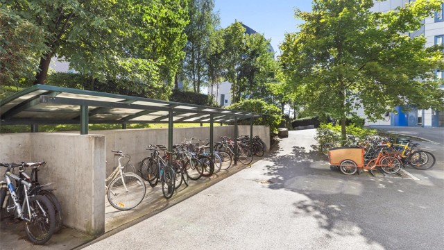 Felles sykkelparkering og fine felles områder. Bilde er lånt fra forrige annonse og ble tatt på sommeren.