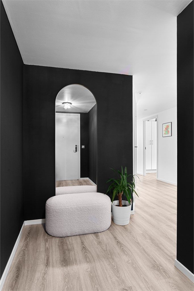 Felles overbygget inngangsparti med videre heis- og trappeadkomst til leilighetens etasjeplan (6. etasje). 