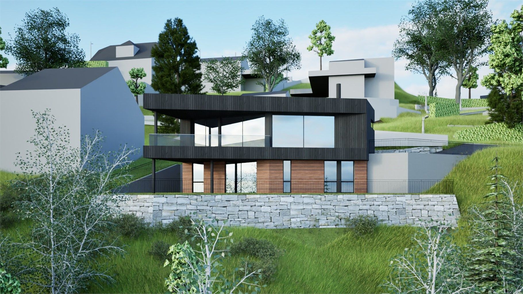 Illustrasjon. Store vindusflater og moderne linjer gir boligen eksklusivt uttrykk. 